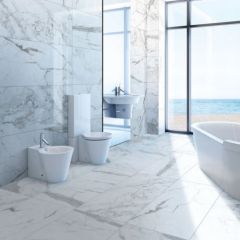 Marble Attache in Calacatta 24" x 48" matte field tile on the floor and polished field tile on the wall.